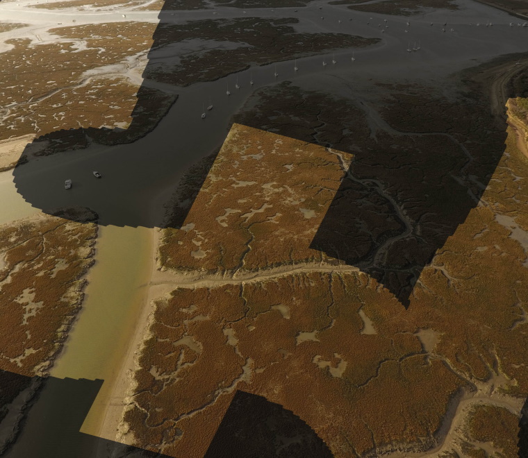 An aerial photo of Lymington Saltmarsh overlaid with a pound sign (£)