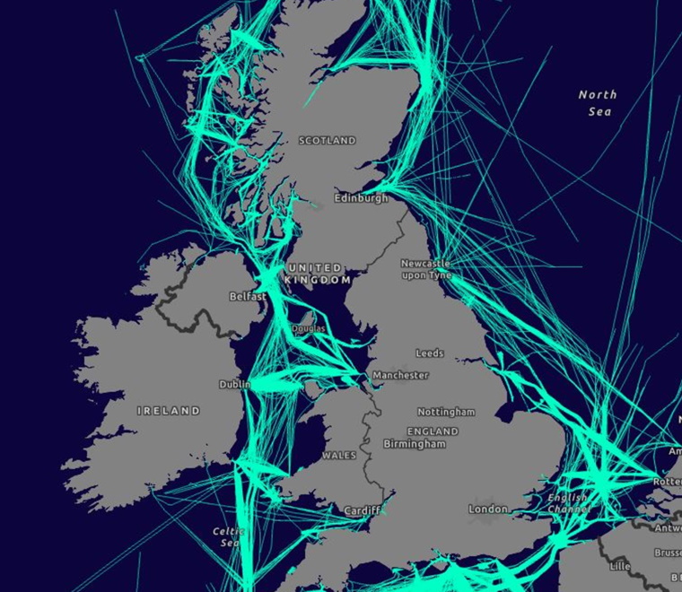 An AIS map of passenger vessel journeys across the UK