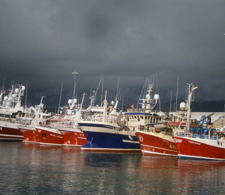 A photo of a small fleet of fishing vessels