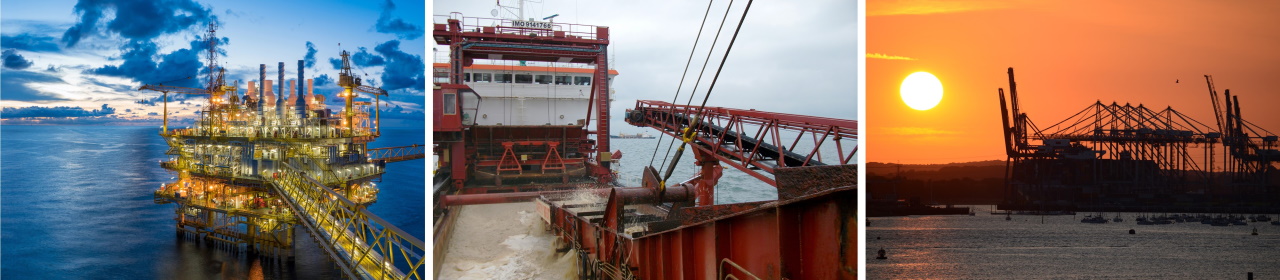 Three photos: oil rig, dredger, crane