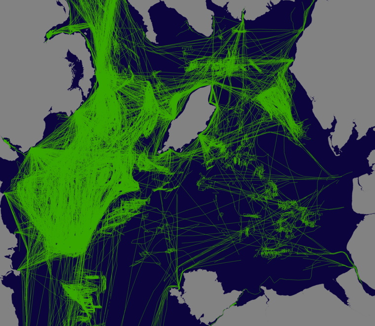 An AIS map showing fishing vessels in the Irish sea