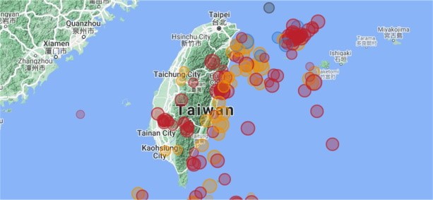 Reported earthquakes in or near Taiwan, 2020